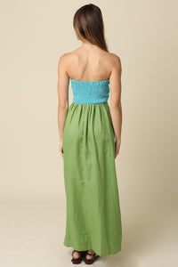 Color Block Strapless Linen Maxi Dress in Green