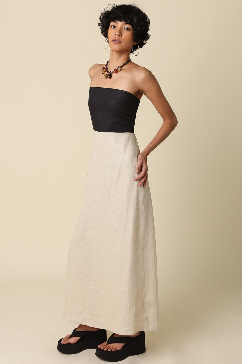 Color Block Strapless Linen Maxi Dress in Taupe katwalk Color Block Strapless Linen Maxi Dress in Taupe katwalk