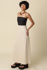 Color Block Strapless Linen Maxi Dress in Taupe