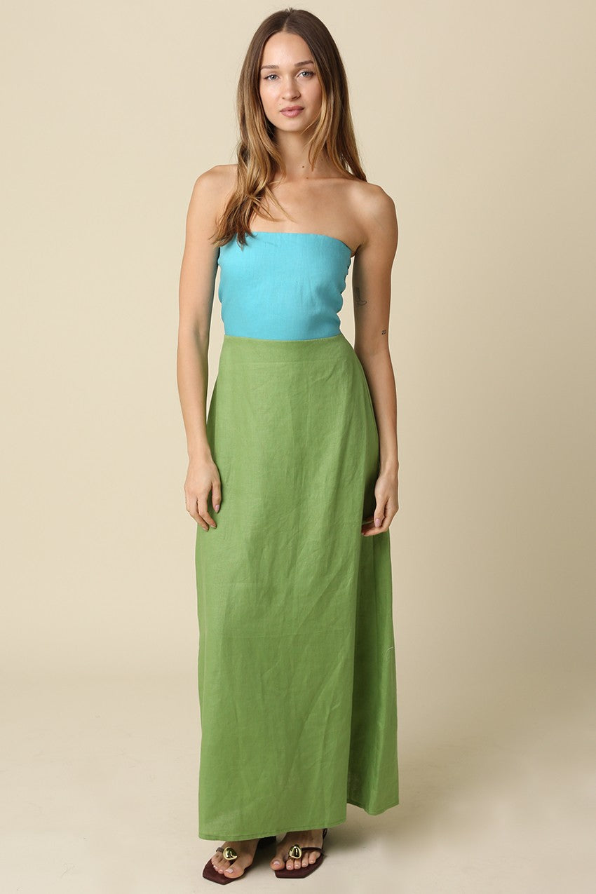 Color Block Strapless Linen Maxi Dress in Green