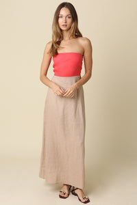 Color Block Strapless Linen Maxi Dress in Red