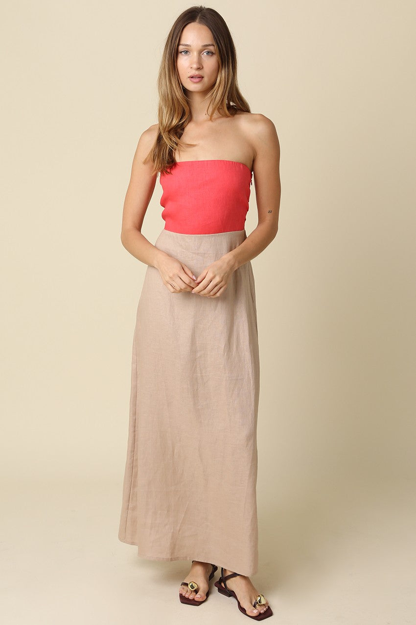 Color Block Strapless Linen Maxi Dress in Red