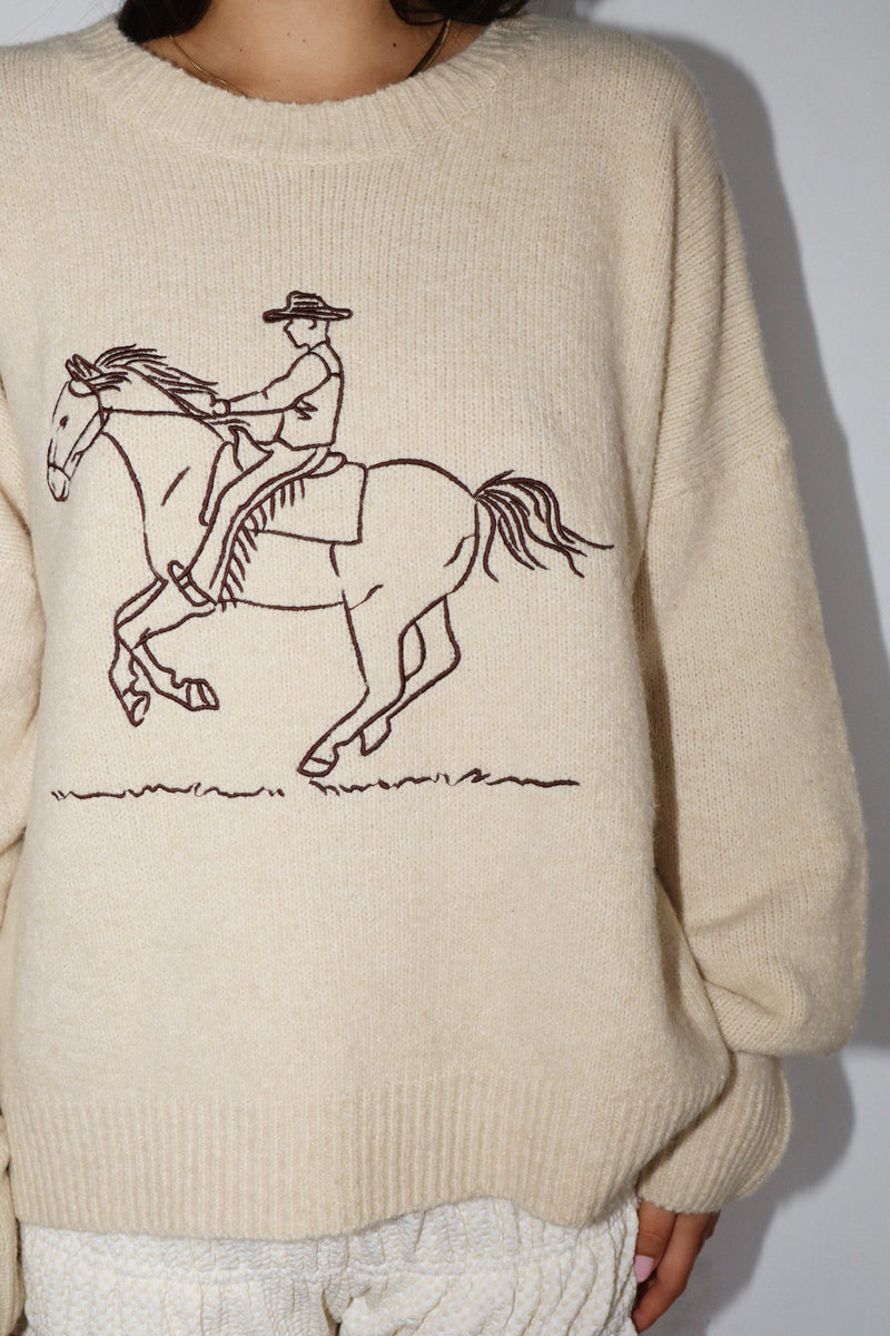 Embroidered Cowboy Sweater in Butter