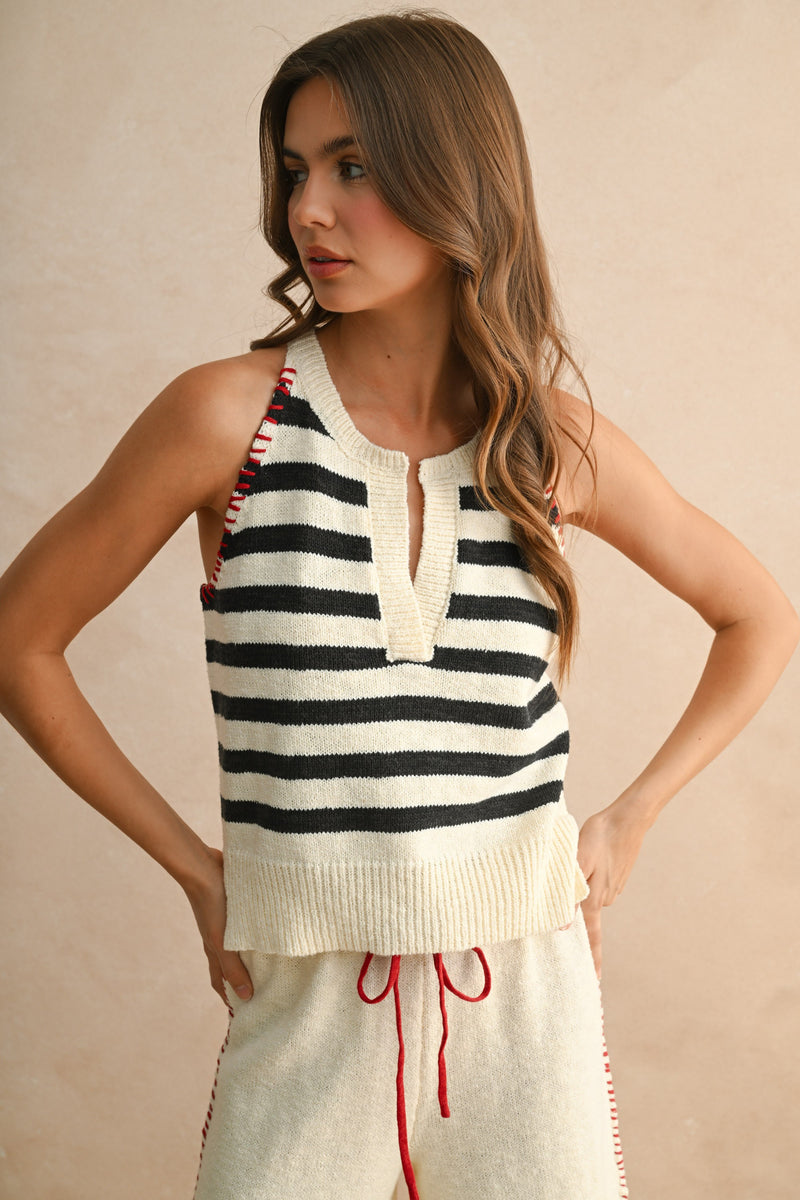 Montauk Stitch Detail Knit Top in Stripe Navy