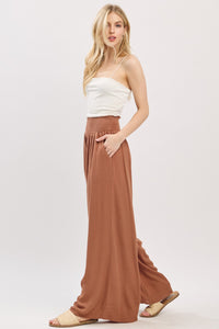Wide Leg Smocked Waist Pant in Camel