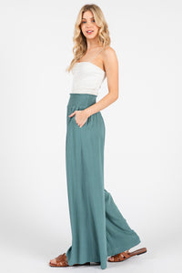Wide Leg Smocked Waist Pant in Sage