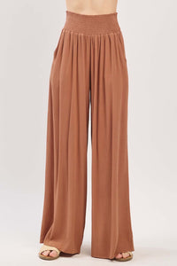 Wide Leg Smocked Waist Pant in Camel