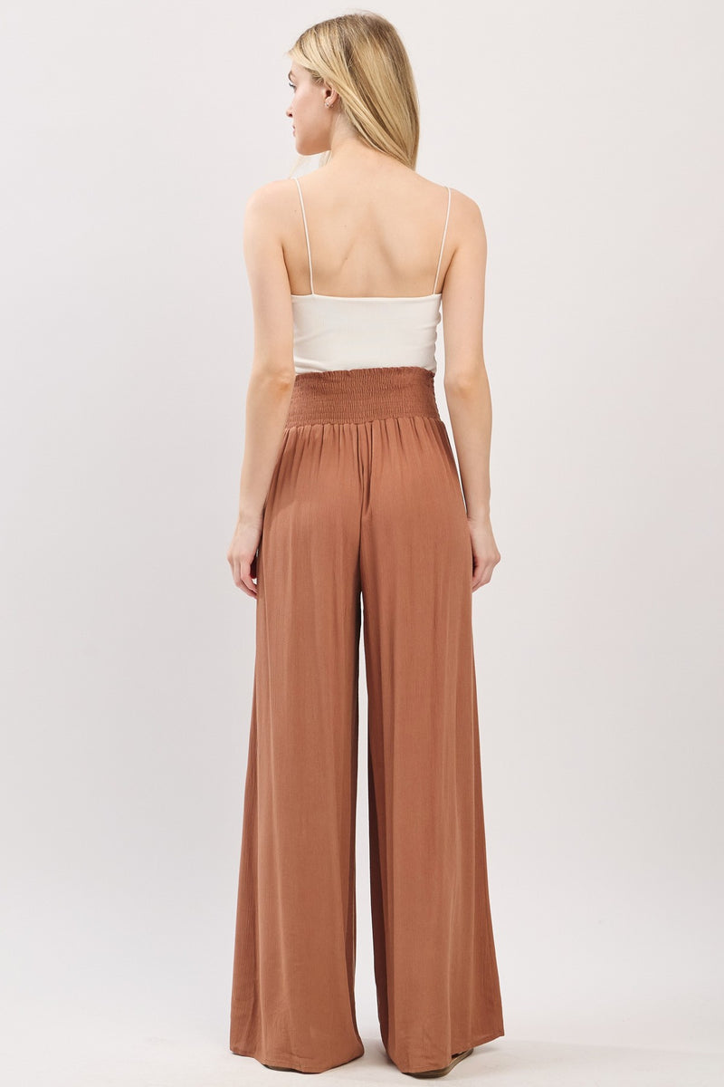 Wide Leg Smocked Waist Pant in Camel