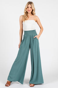 Wide Leg Smocked Waist Pant in Sage