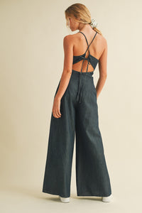 Charlie Deep V Romper in Dark Denim