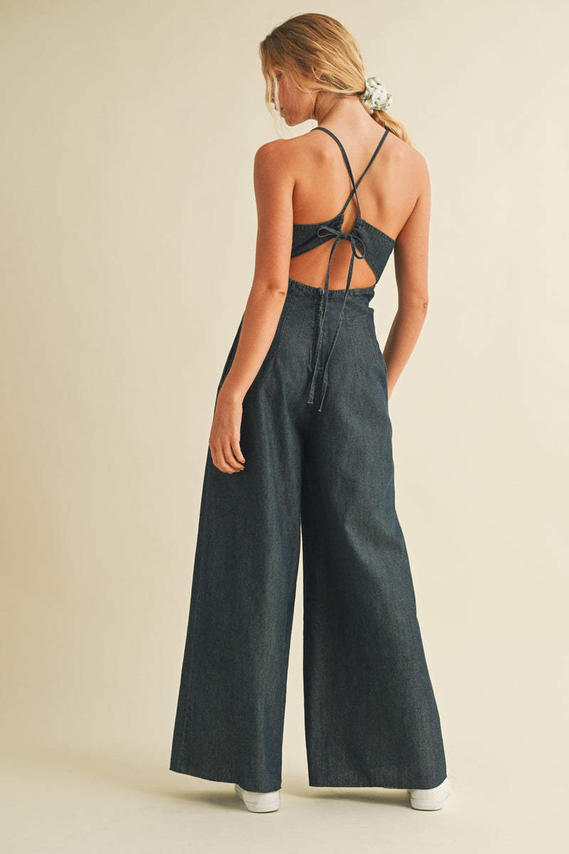 Charlie Deep V Romper in Dark Denim