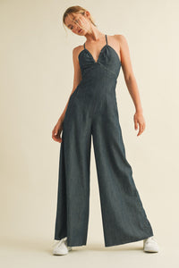 Charlie Deep V Romper in Dark Denim