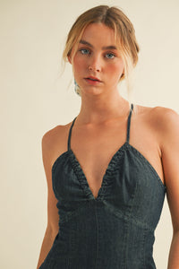 Charlie Deep V Romper in Dark Denim