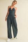 Charlie Deep V Romper in Dark Denim