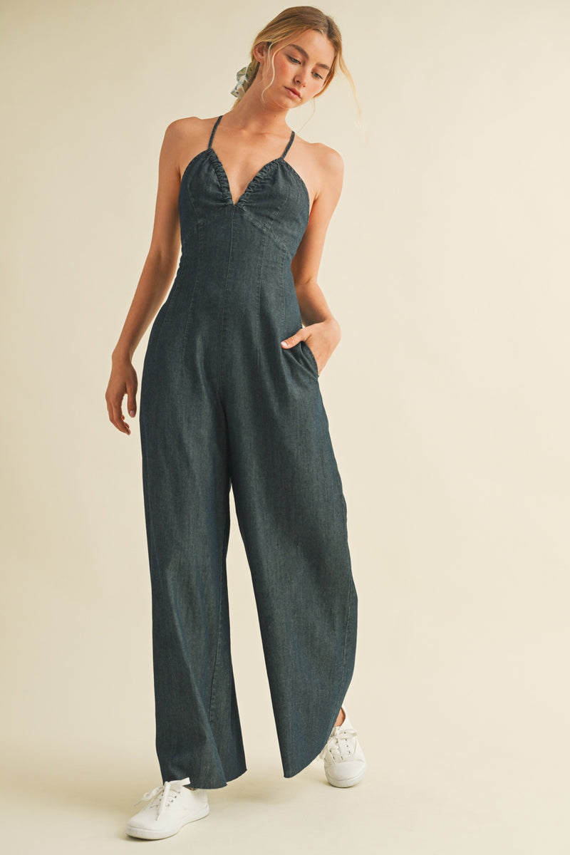 Charlie Deep V Romper in Dark Denim