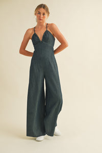 Charlie Deep V Romper in Dark Denim