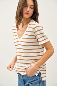 Season Stripe V Neck Tee in Camel