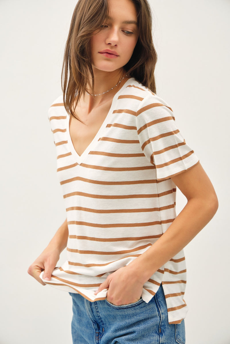 Season Stripe V Neck Tee in Camel