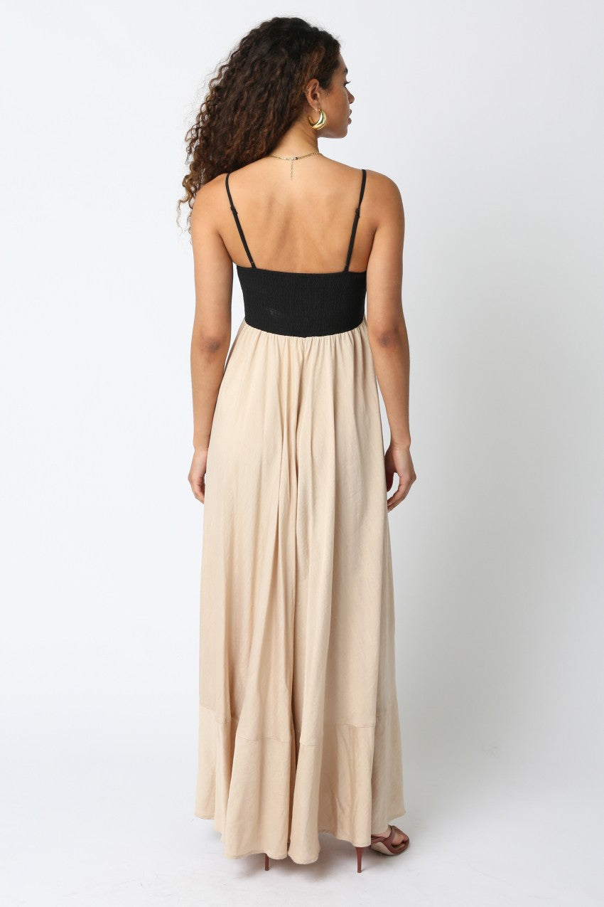Color Block Black Khaki Maxi  Dress