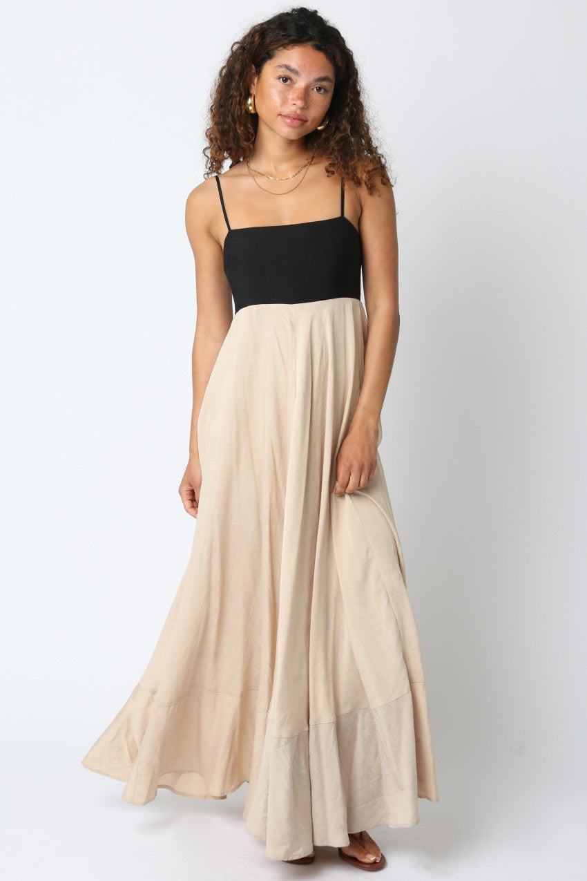 Color Block Black Khaki Maxi  Dress