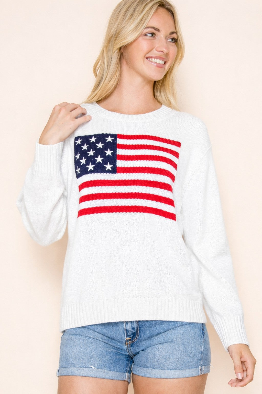 Stars & Stripes II Ribbed Crew Neck Flag Knit Top
