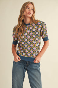 Peacock Printed Short Sleeve Sweater in Teal