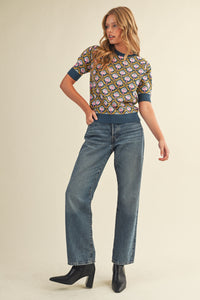 Peacock Printed Short Sleeve Sweater in Teal