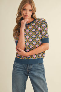 Peacock Printed Short Sleeve Sweater in Teal