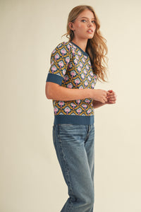 Peacock Printed Short Sleeve Sweater in Teal