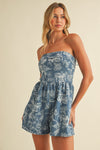 Fold Over Denim Printed Romper