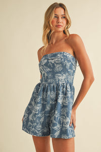 Fold Over Denim Printed Romper