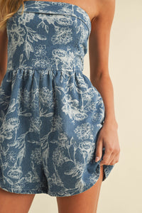 Fold Over Denim Printed Romper
