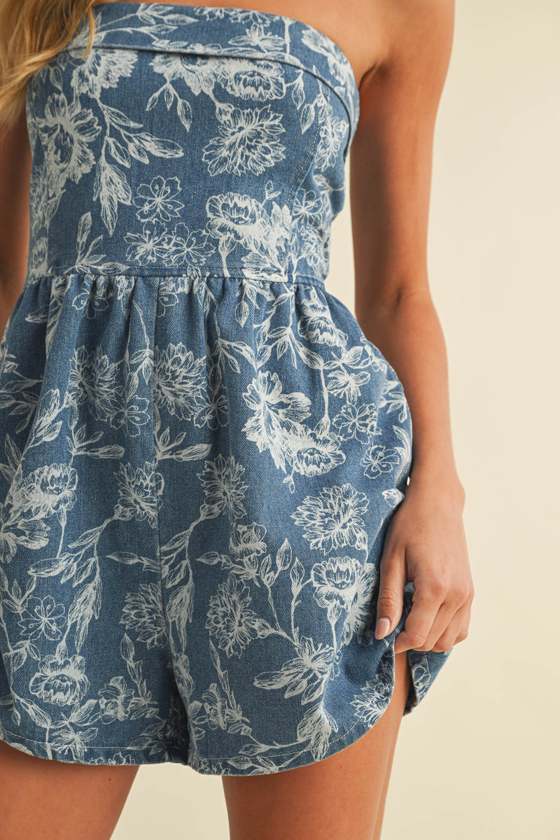 Fold Over Denim Printed Romper