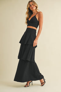 Stretch Linen Bralette and Tiered Skirt Two Piece Set in Black