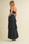 Stretch Linen Bralette and Tiered Skirt Two Piece Set in Black