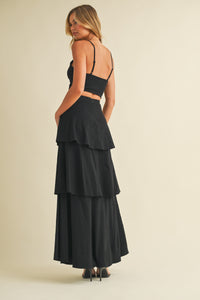 Stretch Linen Bralette and Tiered Skirt Two Piece Set in Black