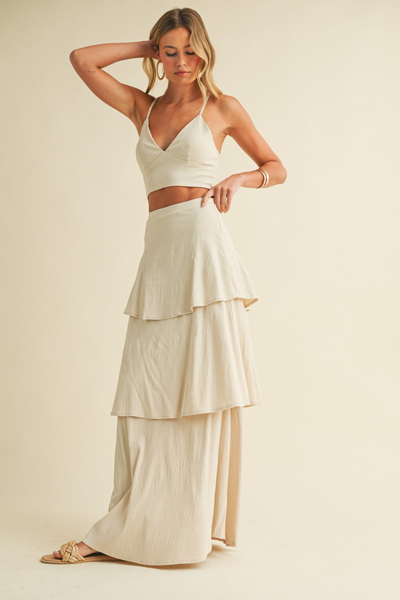 Stretch Linen Bralette and Tiered Skirt Two Piece Set
