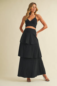 Stretch Linen Bralette and Tiered Skirt Two Piece Set in Black