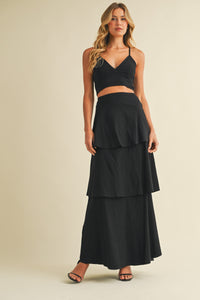 Stretch Linen Bralette and Tiered Skirt Two Piece Set in Black