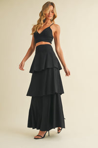 Stretch Linen Bralette and Tiered Skirt Two Piece Set in Black