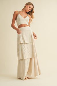 Stretch Linen Bralette and Tiered Skirt Two Piece Set