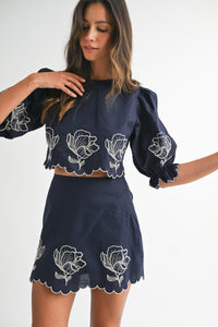 Linen Mix Embroidered Navy Mini Skirt and Top Set