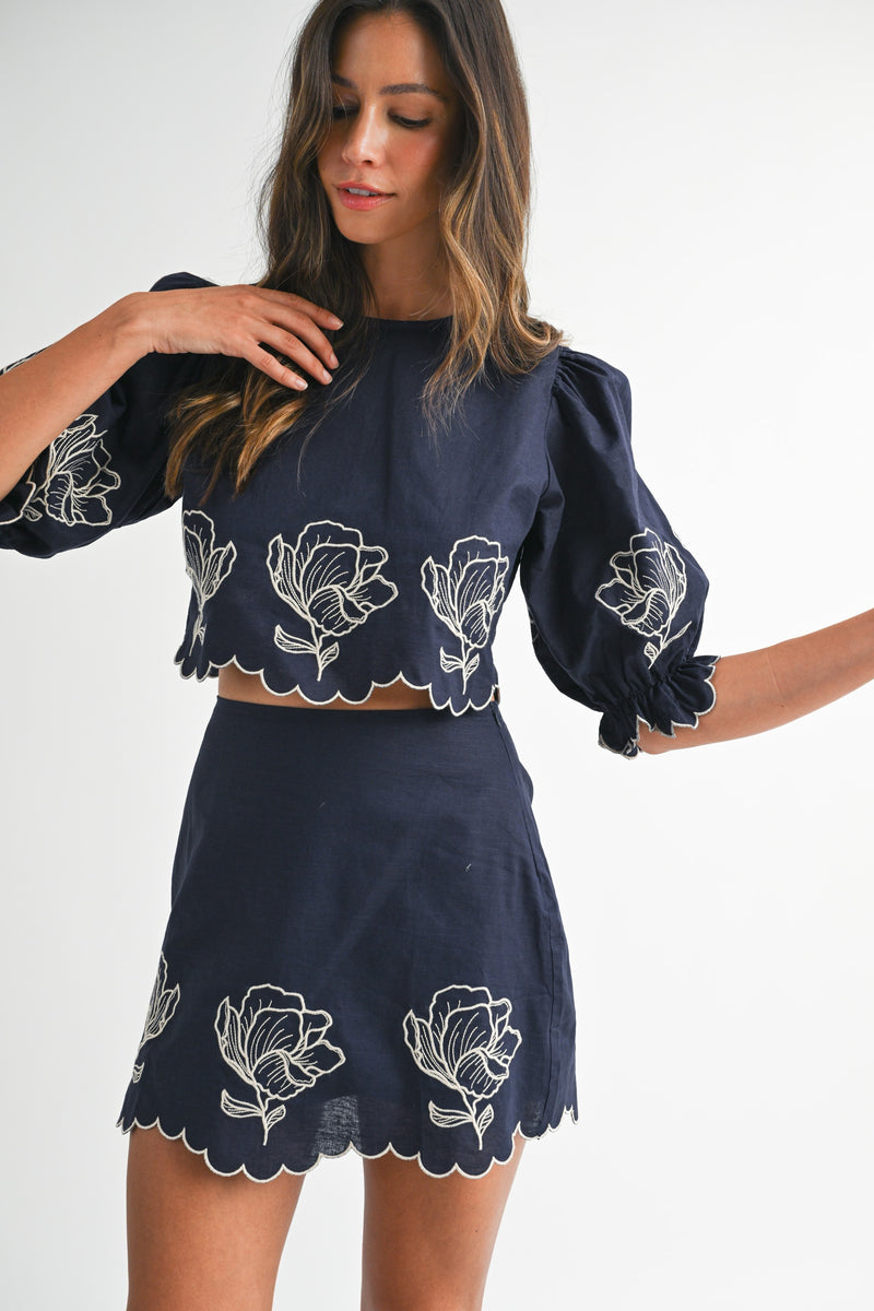 Linen Mix Embroidered Navy Mini Skirt and Top Set