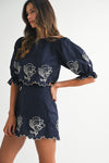 Linen Mix Embroidered Navy Mini Skirt and Top Set
