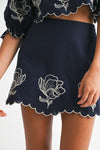 Linen Mix Embroidered Navy Mini Skirt and Top Set