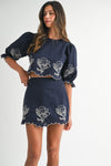 Linen Mix Embroidered Navy Mini Skirt and Top Set