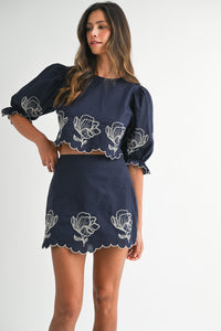 Linen Mix Embroidered Navy Mini Skirt and Top Set