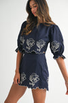 Linen Mix Embroidered Navy Mini Skirt and Top Set