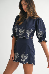 Linen Mix Embroidered Navy Mini Skirt and Top Set