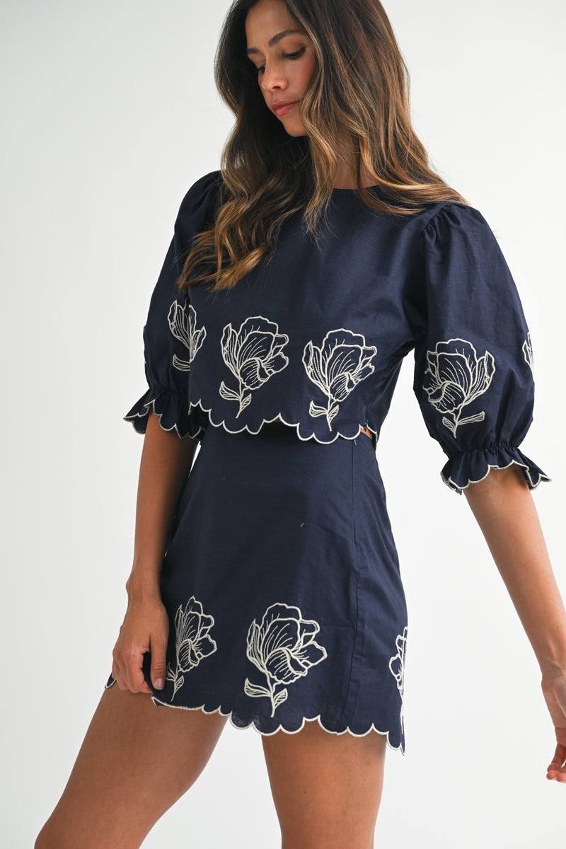Linen Mix Embroidered Navy Mini Skirt and Top Set